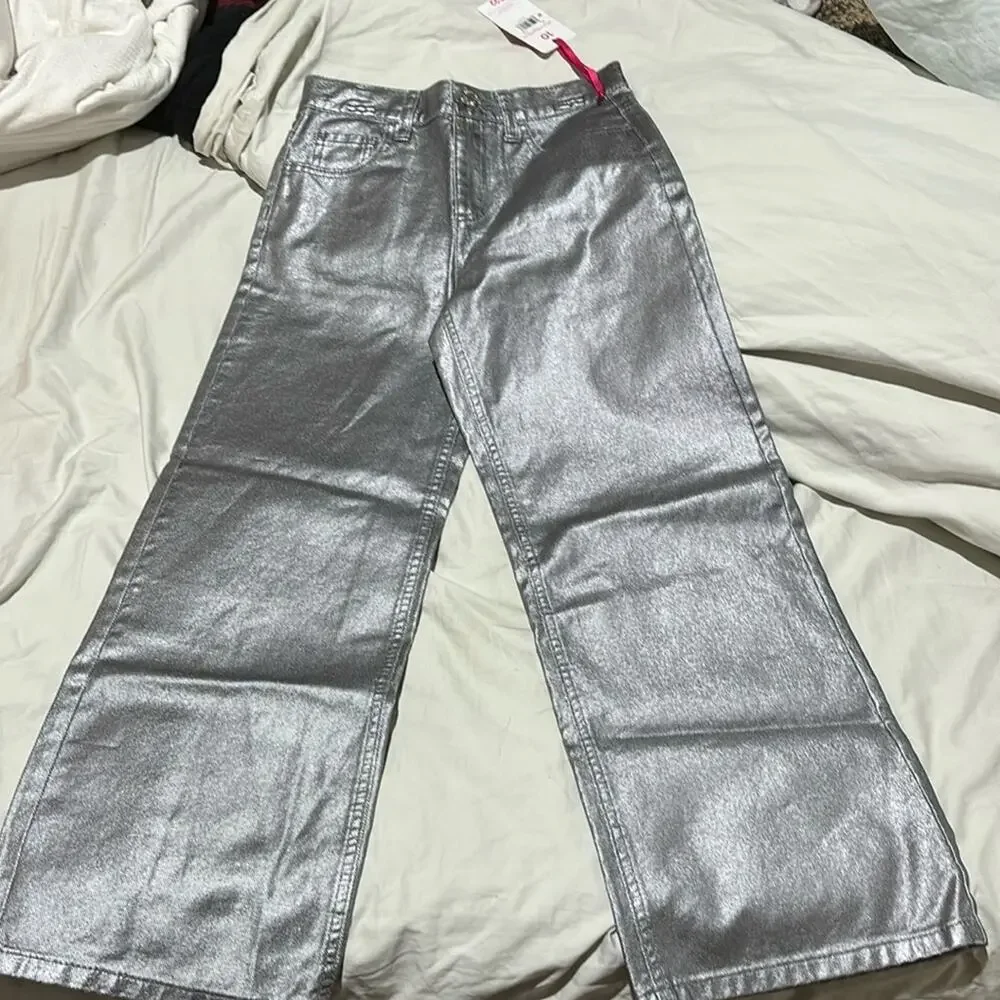 Justice 10 wide leg silver cotton jeans with outer metallic coating shimmer NWT